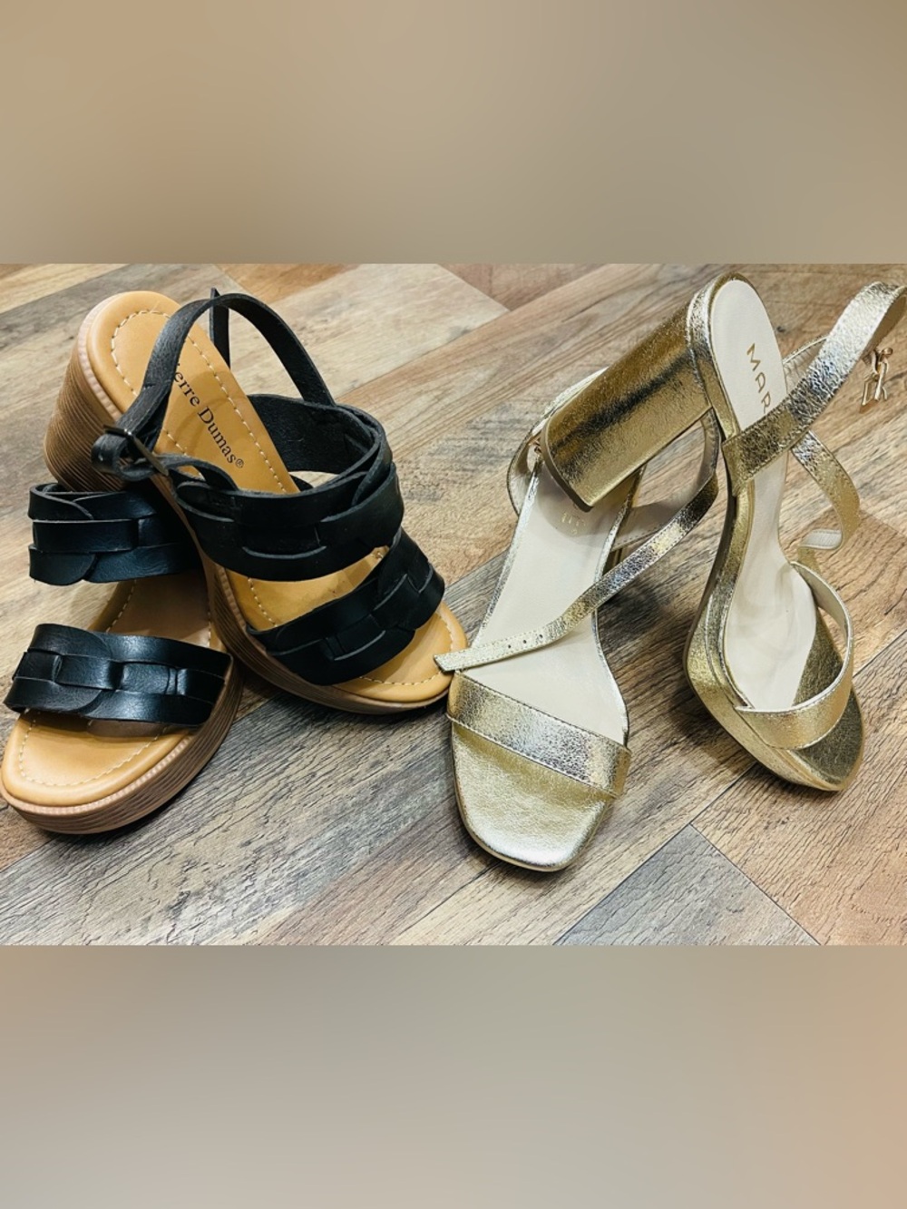 Pierre Dumas Black Woven Platform Sandals & Gold Strappy Heels